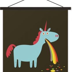 Illustratie van een eenhoorn die overgeeft schoolplaat platte latten zwart 120x120 cm - Foto print op textielposter (wanddecoratie woonkamer/slaapkamer)