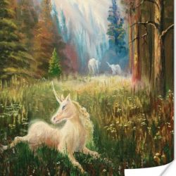 Illustratie van een eenhoorn in een bos poster 60x90 cm - Foto print op Poster (wanddecoratie woonkamer / slaapkamer) / Wilde dieren Poster