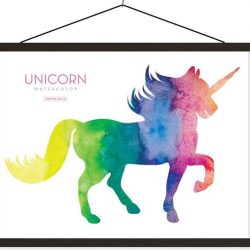 Illustratie van een eenhoorn in regenboog kleuren schoolplaat platte latten zwart 120x90 cm - Foto print op textielposter (wanddecoratie woonkamer/slaapkamer)