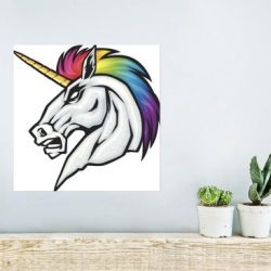 Illustratie van een eenhoorn met een boos gezicht poster 40x30 cm - klein - Foto print op Poster (wanddecoratie woonkamer / slaapkamer) / Wilde dieren Poster