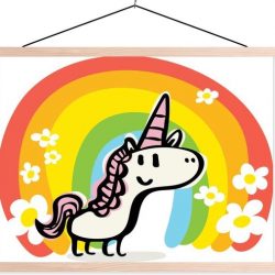 Illustratie van een eenhoorn met een regenboog schoolplaat platte latten blank 60x45 cm - Foto print op textielposter (wanddecoratie woonkamer/slaapkamer)