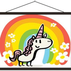 Illustratie van een eenhoorn met een regenboog schoolplaat platte latten zwart 120x90 cm - Foto print op textielposter (wanddecoratie woonkamer/slaapkamer)
