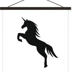 Illustratie van een steigerende eenhoorn schoolplaat platte latten zwart 120x120 cm - Foto print op textielposter (wanddecoratie woonkamer/slaapkamer)