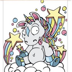 Illustratie van een witte eenhoorn op een wolk schoolplaat platte latten blank 40x53 cm - Foto print op textielposter (wanddecoratie woonkamer/slaapkamer)