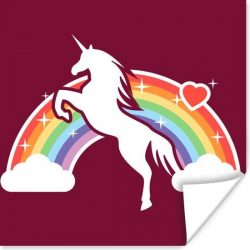Illustratie van een witte eenhoorn voor een regenboog op een rode achtergrond poster 100x100 cm - Foto print op Poster (wanddecoratie woonkamer / slaapkamer) / Wilde dieren Poster