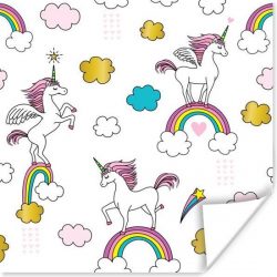 Illustratie van eenhoorns op regenbogen poster 100x100 cm - Foto print op Poster (wanddecoratie woonkamer / slaapkamer) / Wilde dieren Poster