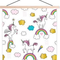 Illustratie van eenhoorns op regenbogen schoolplaat platte latten blank 120x120 cm - Foto print op textielposter (wanddecoratie woonkamer/slaapkamer)