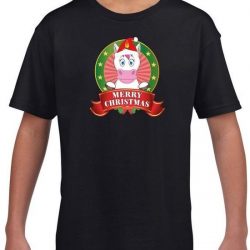 Kerst t-shirt voor kinderen met eenhoorn print - zwart - Kerst shirts voor jongens en meisjes XS (110-116)