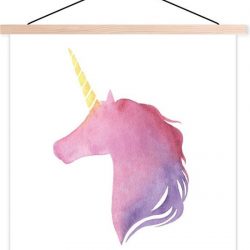 Kinderillustratie eenhoorn in het paars textielposter latten blank 90x90 cm - Foto print op schoolplaat (wanddecoratie woonkamer/slaapkamer)