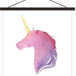Kinderillustratie eenhoorn in het paars textielposter latten zwart 120x120 cm - Foto print op schoolplaat (wanddecoratie woonkamer/slaapkamer)