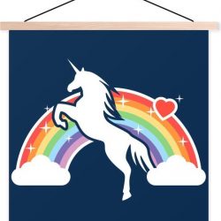 Kinderillustratie eenhoorn met regenboog textielposter latten blank 60x60 cm - Foto print op schoolplaat (wanddecoratie woonkamer/slaapkamer)