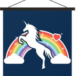 Kinderillustratie eenhoorn met regenboog textielposter latten zwart 60x60 cm - Foto print op schoolplaat (wanddecoratie woonkamer/slaapkamer)
