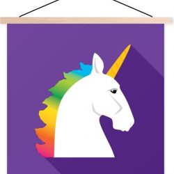 Kinderillustratie eenhoorn op paarse achtergrond textielposter latten blank 40x40 cm - Foto print op schoolplaat (wanddecoratie woonkamer/slaapkamer)