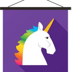 Kinderillustratie eenhoorn op paarse achtergrond textielposter latten zwart 60x60 cm - Foto print op schoolplaat (wanddecoratie woonkamer/slaapkamer)