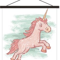 Kinderillustratie eenhoorn tekening textielposter latten zwart 60x60 cm - Foto print op schoolplaat (wanddecoratie woonkamer/slaapkamer)