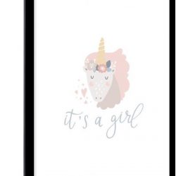 Kinderillustratie van een eenhoorn met de quote It's a girl 80x120 cm