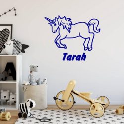 Muursticker Eenhoorn Met Naam -  Donkerblauw -  120 x 97 cm  -  baby en kinderkamer  naam stickers    dieren - Muursticker4Sale