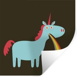 Muursticker Eenhoorn illustratie - Een illustratie van een eenhoorn die overgeeft - 30x30 cm - zelfklevend plakfolie - herpositioneerbare muur sticker