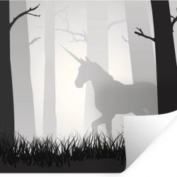 Muursticker Eenhoorn illustratie - Een illustratie van een eenhoorn in een mistig bos - 120x90 cm - zelfklevend plakfolie - herpositioneerbare muur sticker