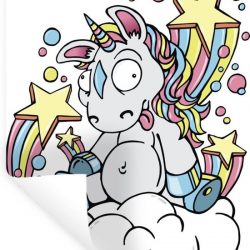 Muursticker Eenhoorn illustratie - Een illustratie van een witte eenhoorn op een wolk - 30x40 cm - zelfklevend plakfolie - herpositioneerbare muur sticker