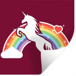 Muursticker Eenhoorn illustratie - Een illustratie van een witte eenhoorn voor een regenboog op een rode achtergrond - 80x80 cm - zelfklevend plakfolie - herpositioneerbare muur sticker