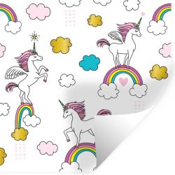 Muursticker Eenhoorn illustratie - Een illustratie van eenhoorns op regenbogen - 50x50 cm - zelfklevend plakfolie - herpositioneerbare muur sticker