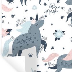 Muursticker Illustratie voor kinderen - Kinderillustratie met een patroon van eenhoorns - 40x60 cm - zelfklevend plakfolie - herpositioneerbare muur sticker