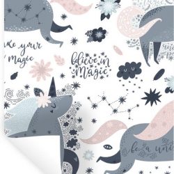 Muursticker Illustratie voor kinderen - Kinderillustratie met een patroon van sterren en eenhoorns - 60x90 cm - zelfklevend plakfolie - herpositioneerbare muur sticker