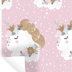 Muursticker Illustratie voor kinderen - Kinderillustratie met een roze patroon van eenhoorns - 80x120 cm - zelfklevend plakfolie - herpositioneerbare muur sticker