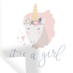 Muursticker Illustratie voor kinderen - Kinderillustratie van een eenhoorn met de quote It's a girl - 60x90 cm - zelfklevend plakfolie - herpositioneerbare muur sticker
