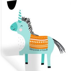 Muursticker Kinderillustratie Dier en Tekst - Kinderillustratie van de letters van het alfabet 'Unicorn' op een witte achtergrond - 60x90 cm - zelfklevend plakfolie - herpositioneerbare muur sticker