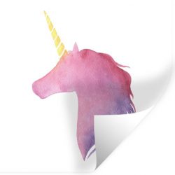 Muursticker Kinderillustratie Unicorn - Kinderillustratie eenhoorn in het paars - 50x50 cm - zelfklevend plakfolie - herpositioneerbare muur sticker