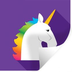 Muursticker Kinderillustratie Unicorn - Kinderillustratie eenhoorn op paarse achtergrond - 80x80 cm - zelfklevend plakfolie - herpositioneerbare muur sticker