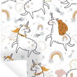 Muursticker Kinderkamer Patroon - Kinderpatroon met eenhoorns en regenbogen - 60x90 cm - zelfklevend plakfolie - herpositioneerbare muur sticker