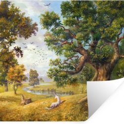 Muursticker Kinderverhalen - Olieverf schilderij van een eenhoorn naast een rivier - 120x90 cm - zelfklevend plakfolie - herpositioneerbare muur sticker