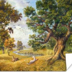 Olieverf schilderij van een eenhoorn naast een rivier poster papier 160x120 cm - Foto print op Poster (wanddecoratie woonkamer / slaapkamer) XXL / Groot formaat!