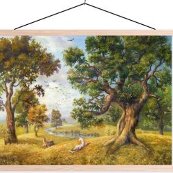 Olieverf schilderij van een eenhoorn naast een rivier textielposter latten blank 60x45 cm - Foto print op schoolplaat (wanddecoratie woonkamer/slaapkamer)