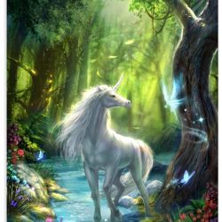 Schoolplaat – Getekende Unicorn in Fantasiebos - 60x90cm Foto op Textielposter (Wanddecoratie op Schoolplaat)