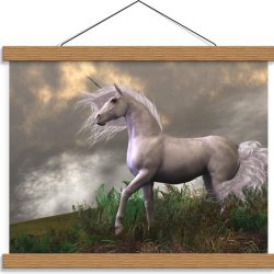 Schoolplaat – Witte Unicorn op Berg - 40x30cm Foto op Textielposter (Wanddecoratie op Schoolplaat)