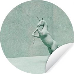 Stenen beeld van eenhoorn - ⌀ 30 cm - rond schilderij - behangcirkel - muurcirkel - wooncirkel - zelfklevend & rond uitgesneden