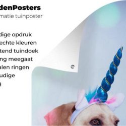 Tuinposter Abstracte Honden - Labrador verkleed als eenhoorn 80x120 cm - Tuindoek/Buitencanvas/Schilderijen voor buiten (tuin decoratie)