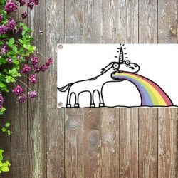 Tuinposter Eenhoorn illustratie - Een illustratie van een eenhoorn die een regenboog uitspuwt tuinposter 60x40 cm - Tuindoek/Buitencanvas/Schilderijen voor buiten (tuin decoratie)
