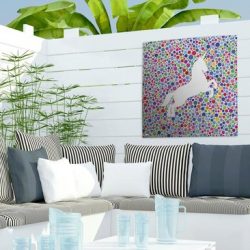 Tuinposter Eenhoorn illustratie - Een illustratie van een witte eenhoorn op een kleurrijke achtergrond tuinposter 50x50 cm - Tuindoek/Buitencanvas/Schilderijen voor buiten (tuin decoratie)