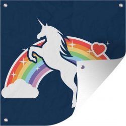 Tuinposter Eenhoorn illustratie - Een illustratie van een witte eenhoorn voor een regenboog op een blauwe achtergrond tuinposter 50x50 cm - Tuindoek/Buitencanvas/Schilderijen voor buiten (tuin decoratie)