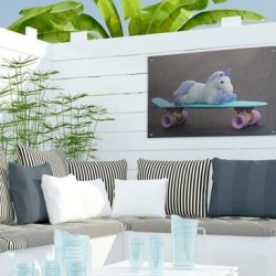 Tuinposter Eenhoorns - Eenhoorn op skateboard 60x40 cm - Tuindoek/Buitencanvas/Schilderijen voor buiten (tuin decoratie)
