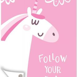 Tuinposter Handgemaakte illustraties 2 - CM - Illustratie van een eenhoorn en de quote Follow your dreams tuinposter los doek 60x90 cm - Tuindoek/Buitencanvas/Schilderijen voor buiten (tuin decoratie)