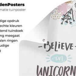 Tuinposter Illustratie voor kinderen - CM - Kinderillustratie Believe in unicorns quote tuinposter los doek 80x120 cm - Tuindoek/Buitencanvas/Schilderijen voor buiten (tuin decoratie)