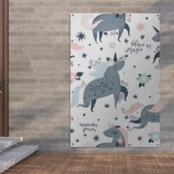 Tuinposter Illustratie voor kinderen - CM - Kinderillustratie met een patroon van eenhoorns tuinposter los doek 120x180 cm - Tuindoek/Buitencanvas/Schilderijen voor buiten (tuin decoratie) XXL / Groot formaat!