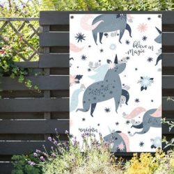 Tuinposter Illustratie voor kinderen - CM - Kinderillustratie met een patroon van eenhoorns tuinposter los doek 80x120 cm - Tuindoek/Buitencanvas/Schilderijen voor buiten (tuin decoratie)