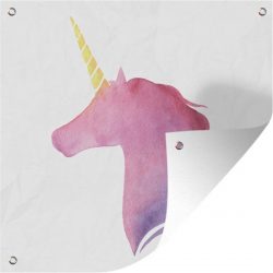 Tuinposter Kinderillustratie Unicorn - Kinderillustratie eenhoorn in het paars 100x100 cm - Tuindoek/Buitencanvas/Schilderijen voor buiten (tuin decoratie) XXL / Groot formaat!